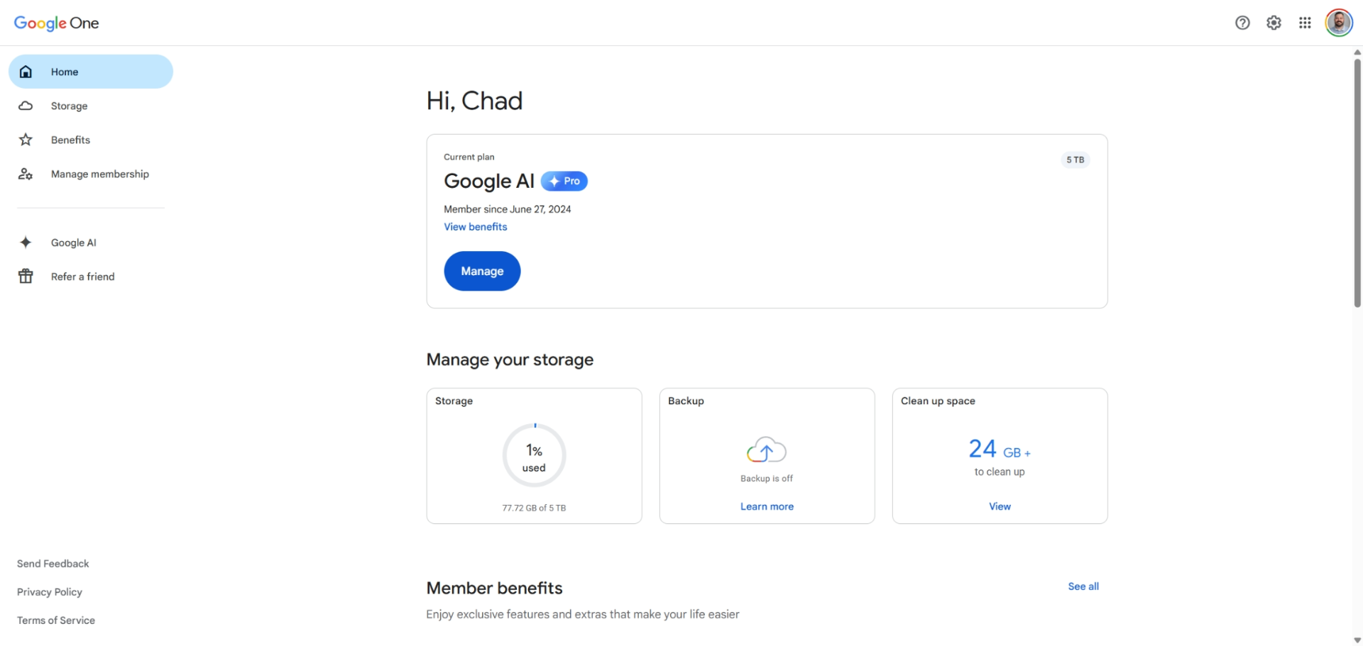 google ai pro 5tb storage dashboard family plan