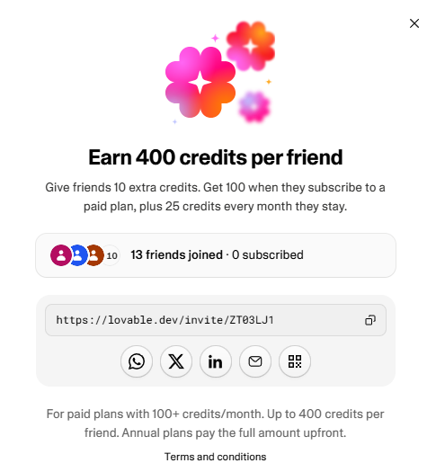 Lovable referral screen: friends get 10 extra credits