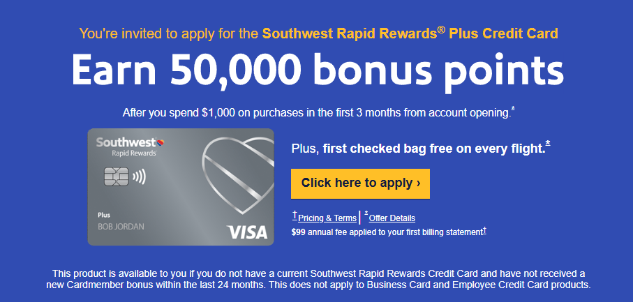 Southwest card offer showing the points needed to earn a welcome bonus