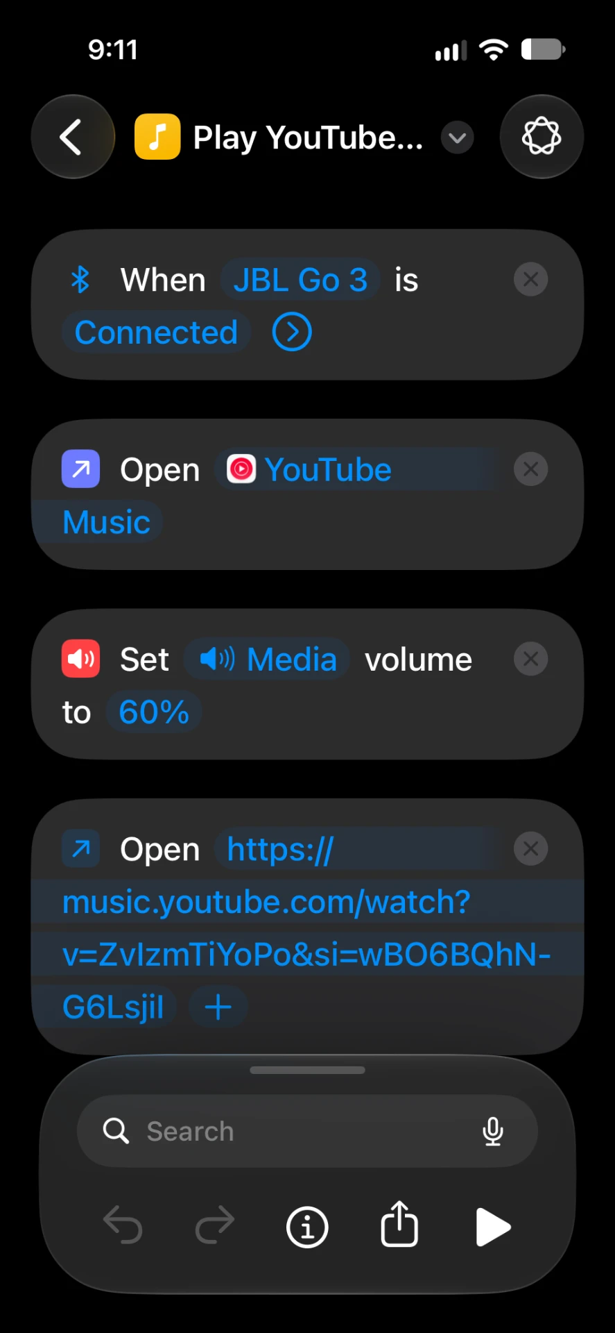 iPhone Shortcuts automation that opens YouTube Music and sets volume when a JBL Go 3 connects