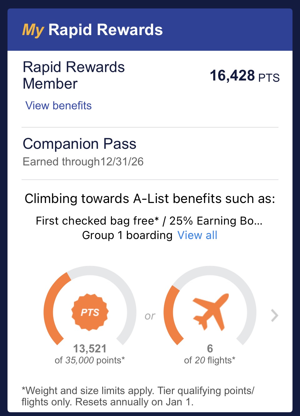 Screenshot of Chad Sheppard's Southwest Rapid Rewards account showing Companion Pass earned through 12/31/26