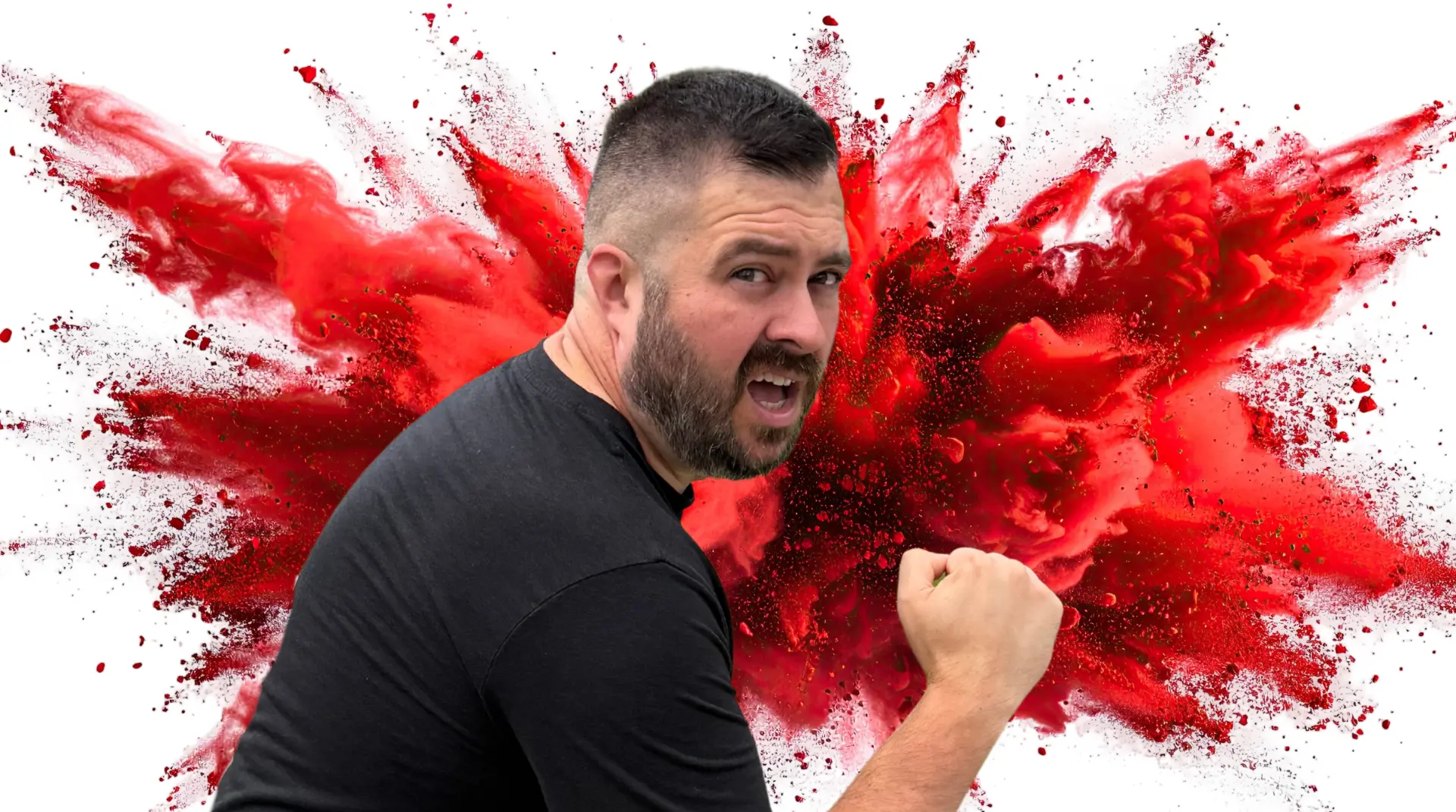 Chad looking fired up with a red color burst behind him
