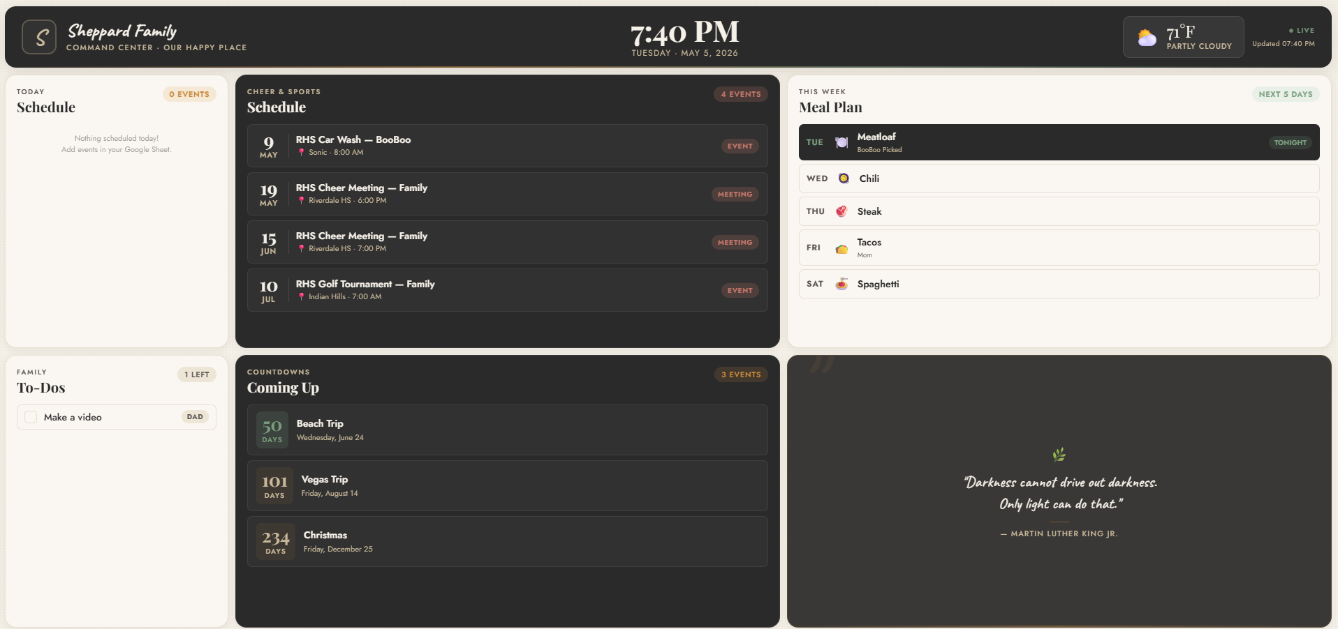 Free Family Dashboard for TV — Sheppard Family command center showing today's schedule, cheer and sports calendar, weekly meal plan, family to-dos, and event countdowns, built with Claude AI and Google Sheets.